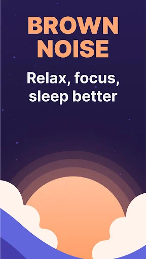 Brown Noise sound machine screen highlighting relaxation, focus, and sleep improvement benefits