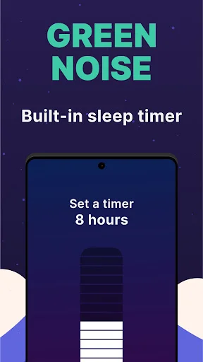Green Noise with built-in sleep timer feature showing option to set 8-hour timer on phone screen