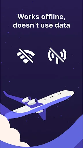 Offline functionality without WiFi or data requirement, showing airplane illustration and signal icons