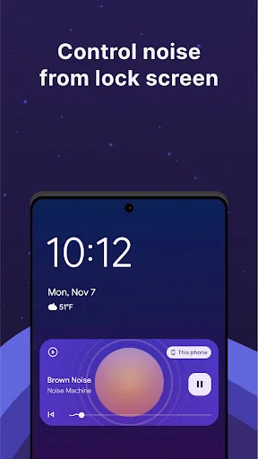 Lock screen widget for controlling Brown Noise machine with play, pause, and previous track buttons