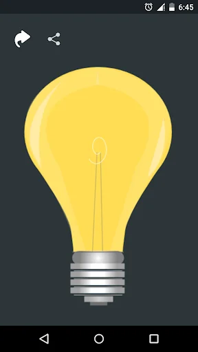 Flashlight One Tap Torch active state displaying bright yellow glowing lightbulb with metallic base and share functionality button in top menu