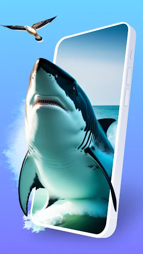 3D shark parallax wallpaper on smartphone showing great white shark in ocean with dynamic water effects and bird