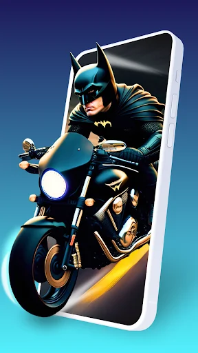 Batman 3D parallax live wallpaper on smartphone featuring superhero character on motorcycle with dynamic lighting