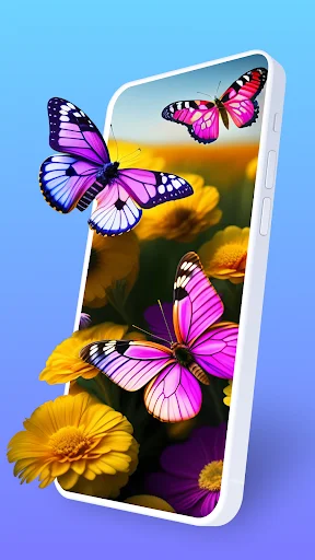 Colorful 3D butterfly parallax wallpaper on smartphone with pink butterflies, yellow flowers, and vibrant nature