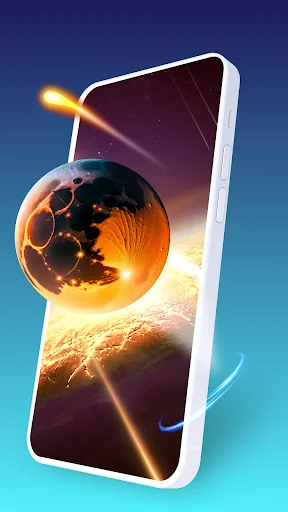 3D cosmic parallax wallpaper on smartphone featuring burning planet with fire effects, lightning, and deep space