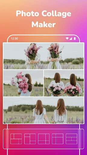 Photo collage maker app displaying multiple photos in grid layouts with five collage template options to choose from