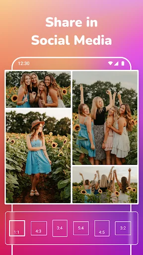 Photo collage sharing interface with social media options for Facebook and other platforms to post edited photos