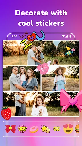 Photo collage editor with decorative sticker options including hearts, flowers, and emojis for image embellishment