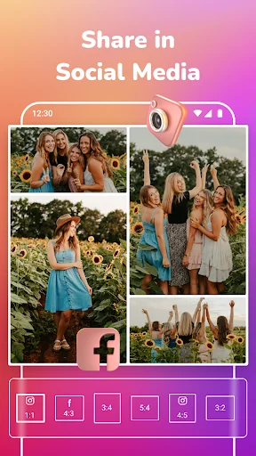 Photo collage sharing interface with social media options for Facebook and other platforms to post edited photos