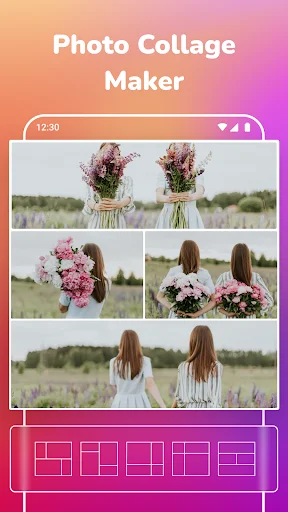Photo collage maker app displaying multiple photos in grid layouts with five collage template options to choose from