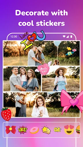 Photo collage editor with decorative sticker options including hearts, flowers, and emojis for image embellishment