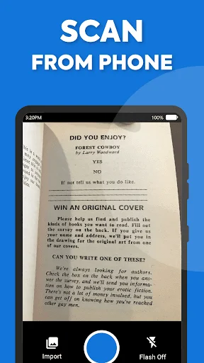Photo to Text OCR scanner app with camera interface showing document capture, import button, and flash toggle for scanning pages