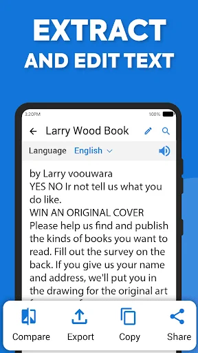 Extracted text editor displaying Larry Wood book content with language selection, edit tools, and export/share functionality