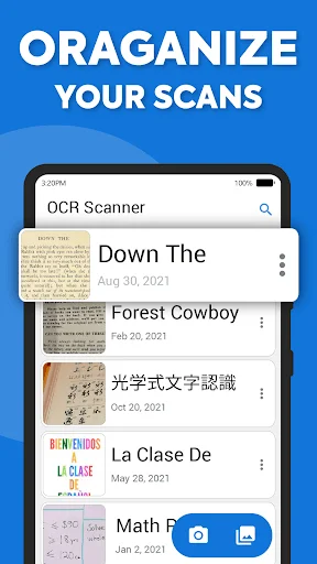 OCR scan gallery organizing multiple documents with thumbnails, titles, dates, and folder management for document storage