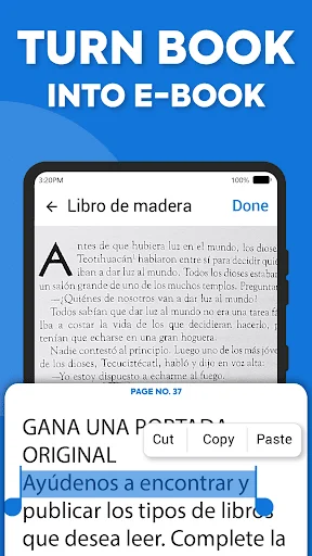Document text selection interface showing Spanish e-book conversion with cut, copy, and paste editing options