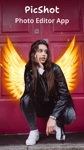 PicShot Photo Editor with neon wing effects filter applied to woman portrait with glowing yellow wings and pink background