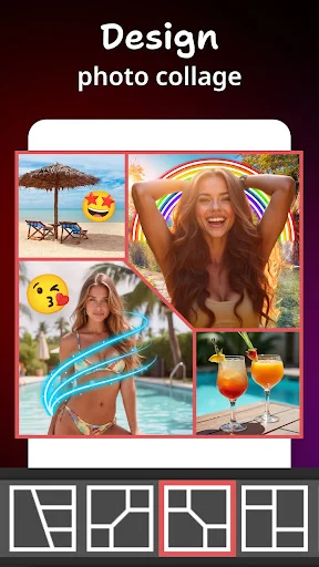 Photo collage design tool with summer photos, emoji stickers, neon effects, and various collage layout templates