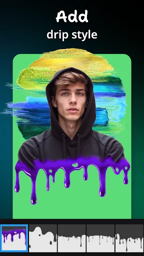 Drip style neon paint effect with purple and yellow drips and selectable drip filter options for photo editing