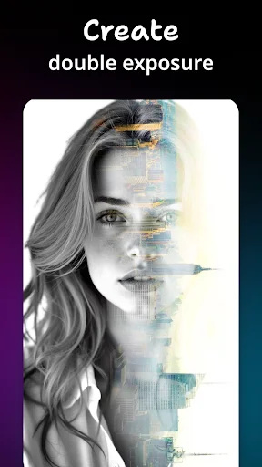 Double exposure effect combining black and white portrait with colorful glitch overlay for artistic blending