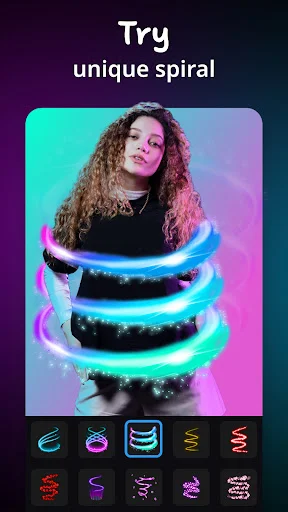 Spiral neon effects feature with cyan, pink, and green rotating spirals and multiple effect filter selection options