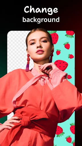 Background changer tool showing before and after with transparent and turquoise strawberry pattern background options