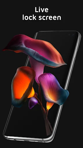 Live lock screen animated 3D wallpaper with glowing liquid forms in vibrant red, orange, and blue colors displayed on smartphone