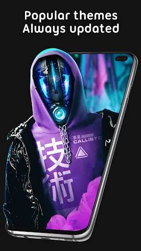 Popular cyberpunk hooded figure wallpaper theme with neon purple and blue colors showing always-updated live wallpaper collection