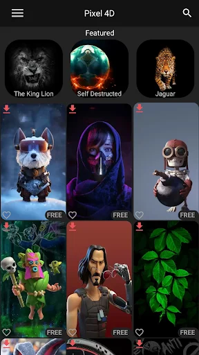 Featured wallpapers gallery displaying diverse themes including Lion, Jaguar, astronaut, skull, characters, and nature designs with free options