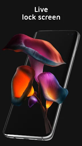 Live lock screen animated 3D wallpaper with glowing liquid forms in vibrant red, orange, and blue colors displayed on smartphone