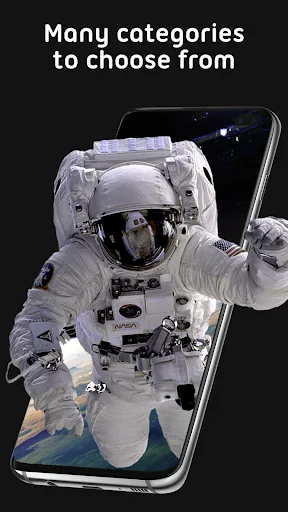 Many categories available for 4D live wallpapers shown with astronaut themed 3D animated background on smartphone display