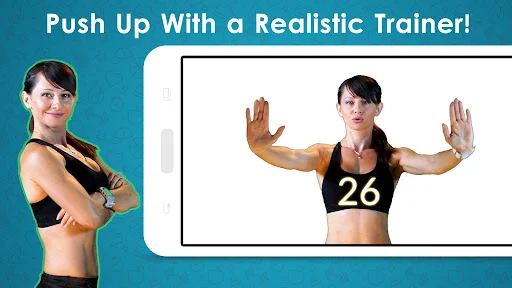 Realistic fitness trainer demonstrating proper push-up form and chest workout technique with visual form guidance.