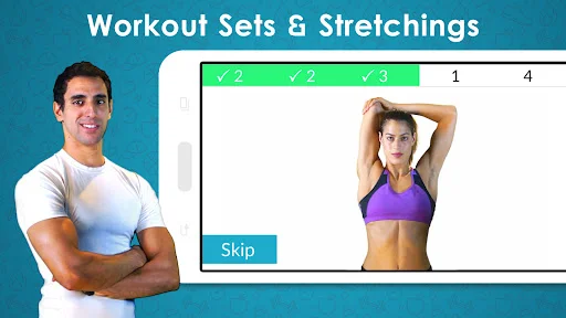 Stretching routine demonstration with workout sets progress tracker and skip option for cool-down exercises.