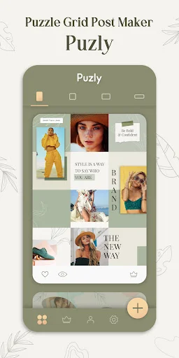 Puzly interface showing puzzle grid post templates for arranging photos into designs for Instagram feeds