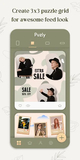 3x3 puzzle grid layout in Puzly with photo arrangement and text overlays for customizing Instagram feed design