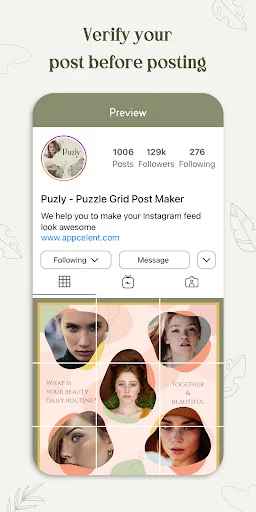 Puzly preview showing puzzle grid post displayed on Instagram profile before posting to personalized feed
