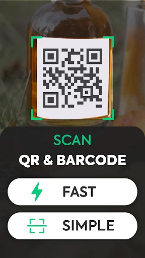 QR code scanner app home screen with green scanning frame, scan QR and barcode interface, and Fast Simple feature buttons