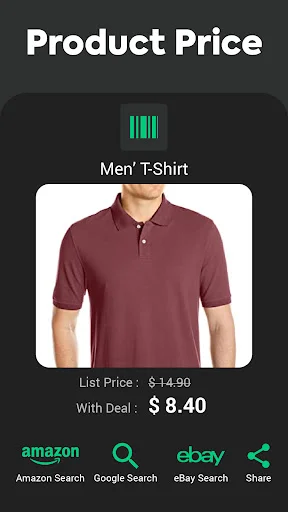 QR code scanner product price lookup feature showing men's t-shirt with list price $14.90, deal price $8.40, and search options