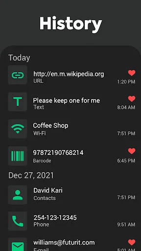 QR code scanner history screen displaying scan log of URLs, text, WiFi networks, barcodes, contacts, phone numbers, and emails