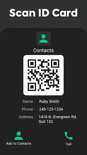 QR code scanner ID card feature showing decoded contact for Ruby Smith including phone number, address, and call options