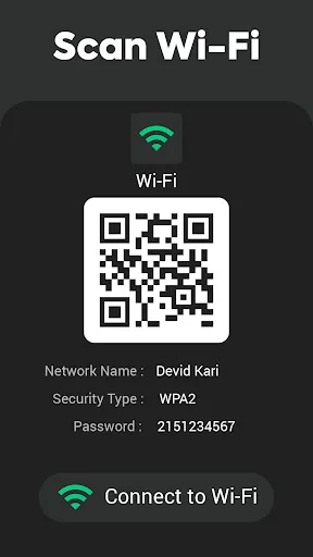 QR code scanner Wi-Fi feature displaying network credentials and quick connect button for easy WiFi network access