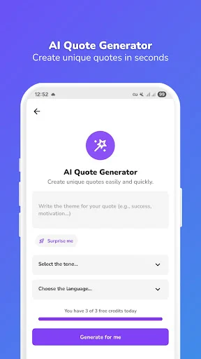 AI Quote Generator showing unique quote creation feature with theme input, tone and language selection dropdowns, and daily free credits tracker