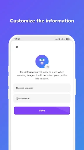 Profile customization screen for Quotes Creator account setup with username input field and save button for personalized creator information