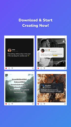 Sample created quotes displayed as downloadable, shareable designs with various backgrounds, layouts, and engagement options for social sharing