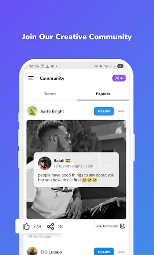 Community section showing creator profiles, trending designs, template library, and engagement metrics for sharing quotes