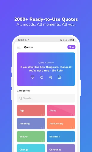 Quote library with 2000+ ready-to-use quotes, daily feature, category filters including Age, Amazing, Business, Motivation