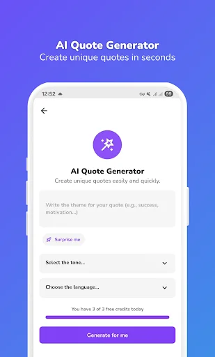 AI Quote Generator tool to create unique quotes instantly by selecting theme, tone, language with one-tap generation
