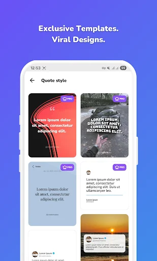 Exclusive quote templates gallery displaying viral designs with premium badges, neon, nature, and artistic quote styles