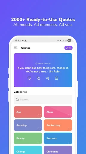 Quotes library with 2000+ ready-to-use quotes, quote of the day featured section, and colorful category buttons for different moods and themes