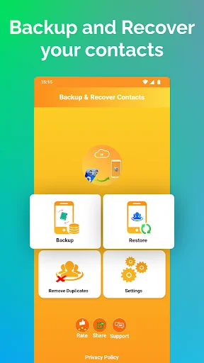 Recover Deleted Contacts home screen with Backup, Restore, Remove Duplicates, and Settings action buttons