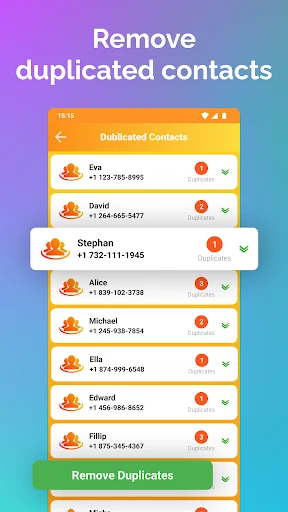 Duplicated contacts list showing detection badges and phone numbers with Remove Duplicates action button